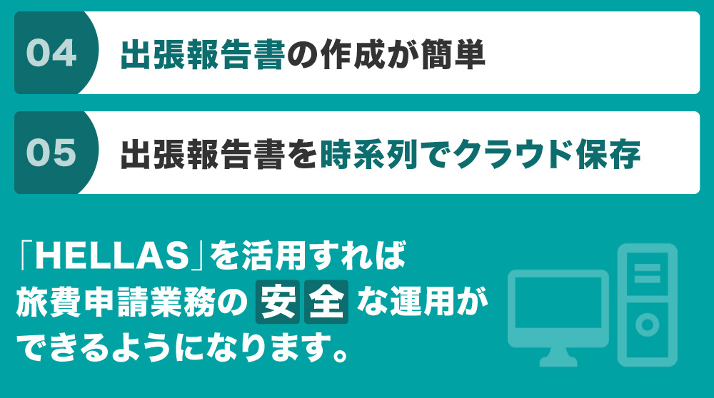 出張報告書の作成が簡単 出張報告書を時系列でクラウド保存 「Hellas」を活用すれば旅費申請業務の安全な運用ができるようになります。